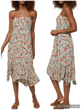 O’Neill Carolina Ditsy Floral Strapless Hankerchief Hem Midi Dress M Boho Chic